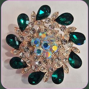 #Vintage #Emerald Marquis Clear AB Rhinestone Round Floral #Brooch Pin